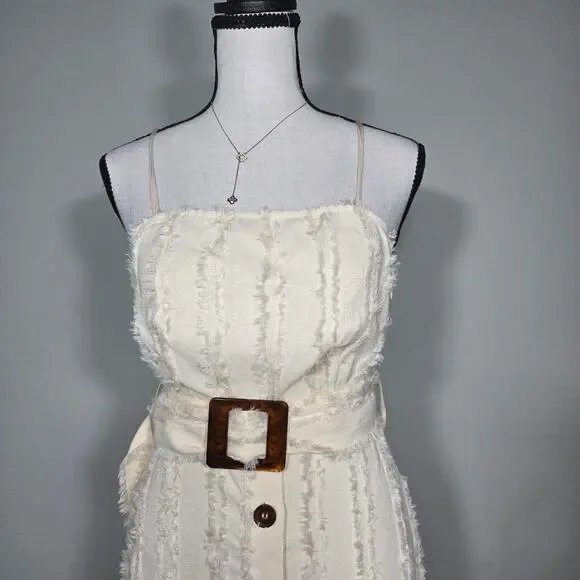 Moon River Cream Fringe Midi Dress XS Belted Button Front Coquette Bridal Resort - Picture 4 of 12